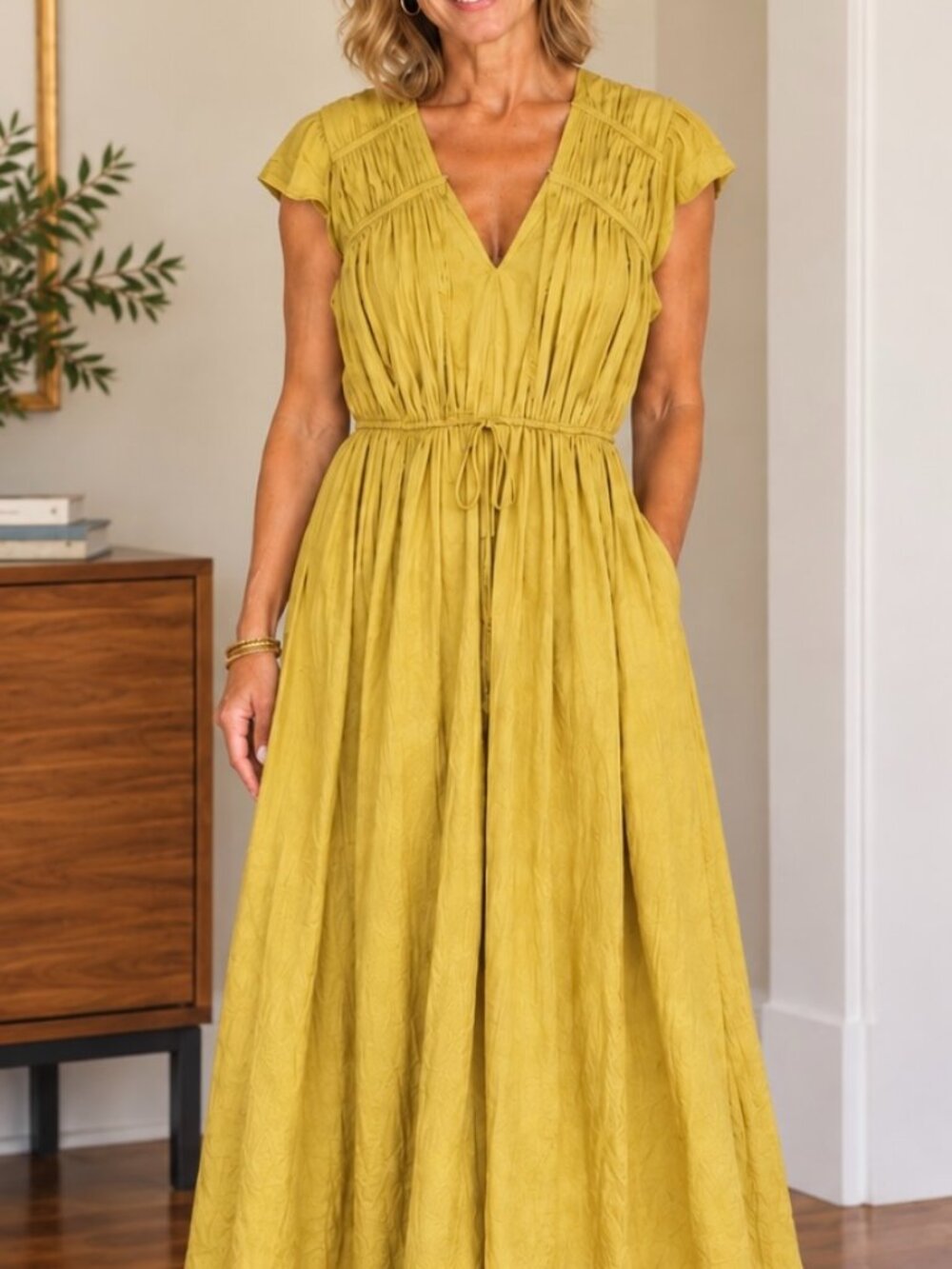 Lane Bryant Mustard Yellow Maxi Dress Ruched Bodice Flutter Sleeve Pockets